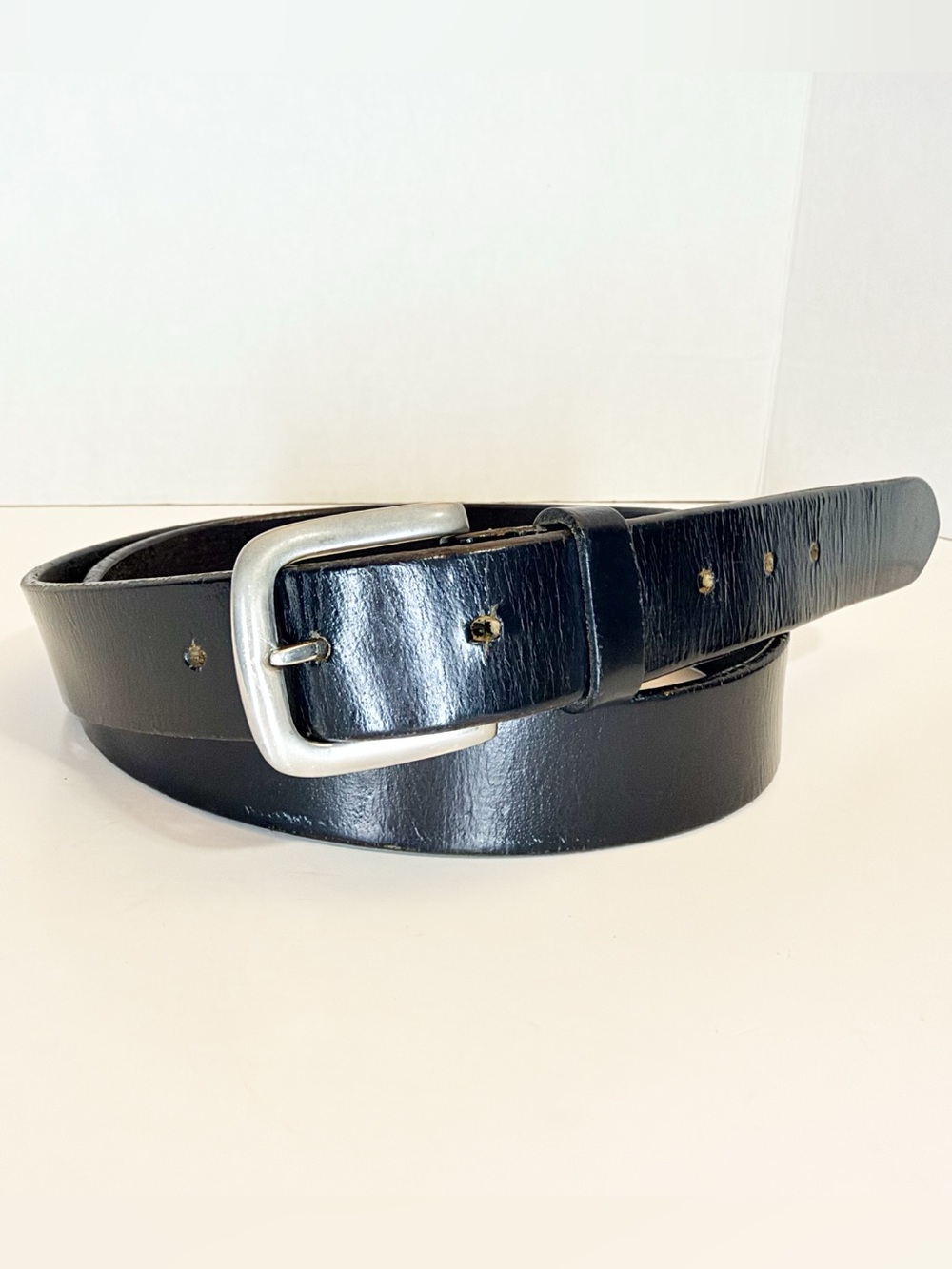 Weathered Leather Black Belt with Silver Tone Hardware